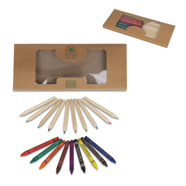 Kleurpotloden en krijtjes in kraft doosje